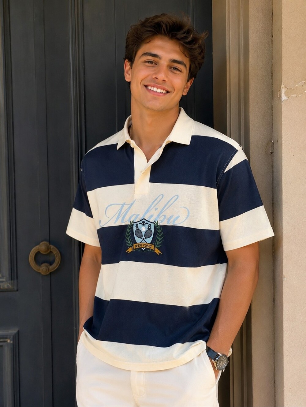 Striped Navy and Cream Rugby Polo Shirt - Malibu Crest